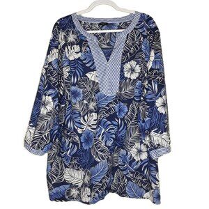 Talbots Blue Tropical Floral Striped 3/4 Sleeve Cotton Tunic Top 3X Boho